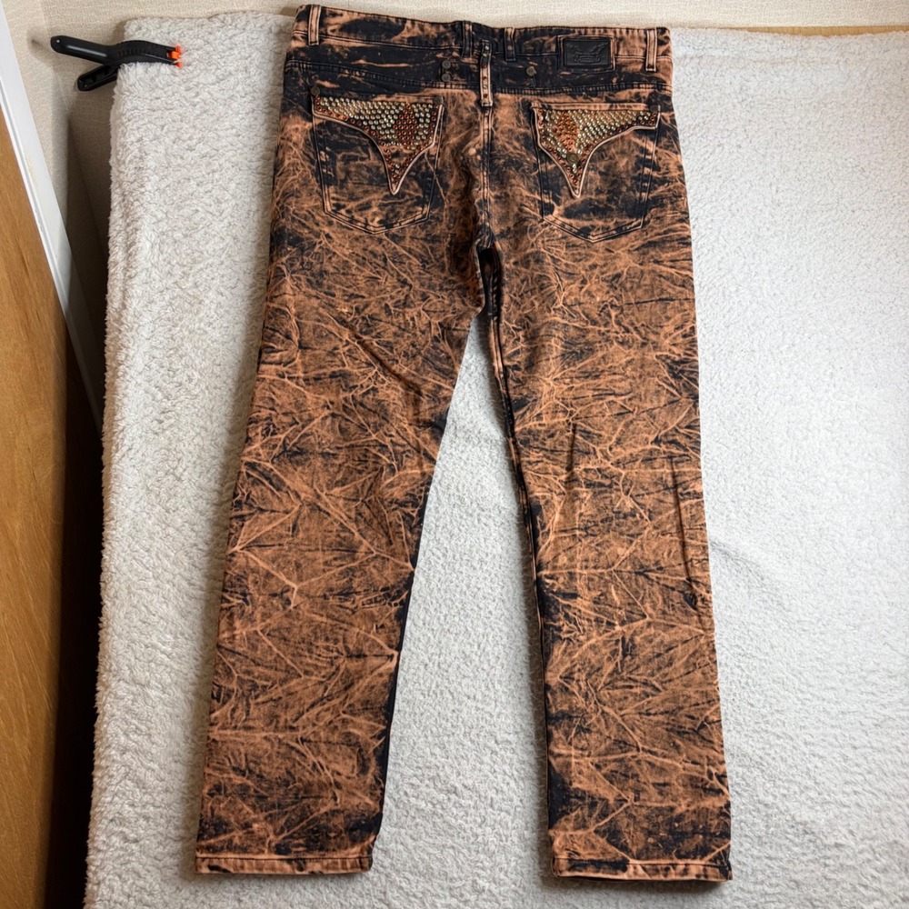 Y2K Robin's Jean Mens Acid Wash Crystal Studded dazzle Pants Orange Black 38
